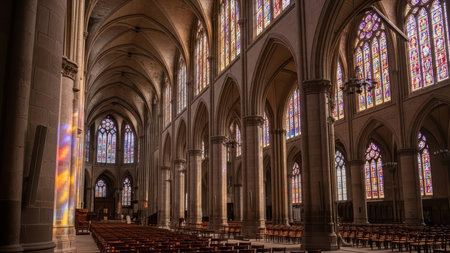 Majestic gothic cathedral interior with stained glass windows and rows of wooden chairs.の素材