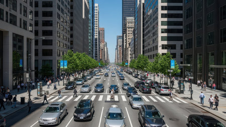 Bustling urban street with traffic and pedestrians in modern cityscape.の素材