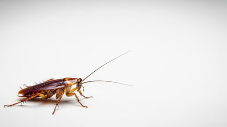 Close-up of a brown cockroach on a white surfaceの素材