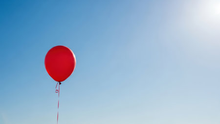 Solitary red balloon in blue sky on a clear sunny day.の素材
