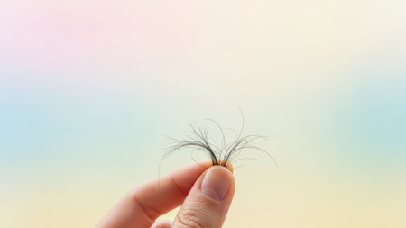Hand holding small tuft of hair against soft pastel backgroundの素材
