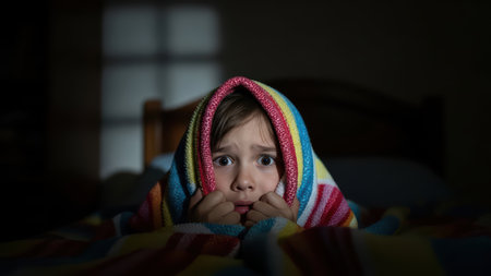 Young child with blanket fearfully hiding in dark room.の素材