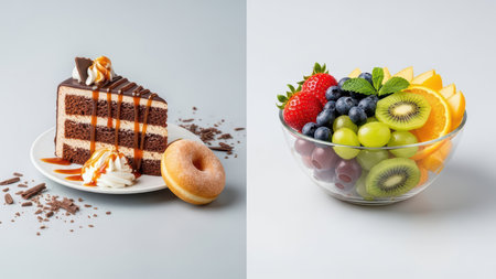 Chocolate cake and donut with mixed fruit in a glass bowl on white background.の素材