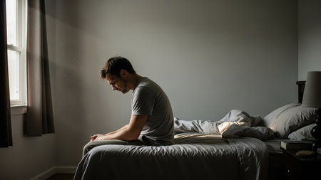 Young caucasian male sitting on bed in contemplative mood by window light.の素材