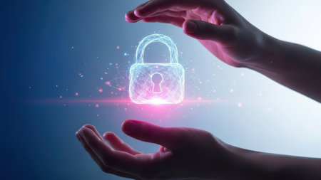 Digital security concept with glowing lock surrounded by hands highlighting protection.の素材