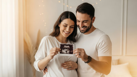 Joyful expectant couple holding ultrasound in bright room.の素材
