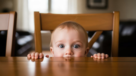 Curious baby peeking over table with wide-eyed wonder in cozy home setting.の素材