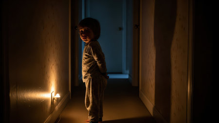 Young child in dimly lit hallway with night light, expressing curiosity and anxiety.の素材