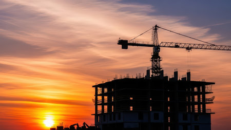 Construction crane and building silhouette against vibrant sunset sky.の素材