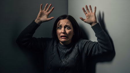 Frightened young female cornered with raised hands in fearful expression.の素材