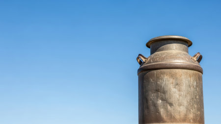 Rustic metal milk churn against clear blue skyの素材