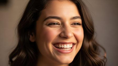 Young female smiling joyfully with bright expression in warm light.の素材