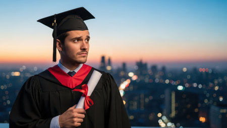 Young caucasian male graduate in cap and gown holding diploma at sunset city view.の素材