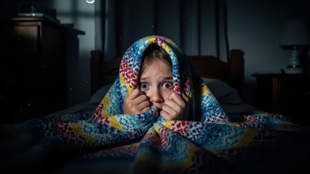 Child fearfully hiding under colorful blanket in dark room at night.の素材