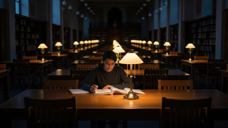 Young female studying in dimly lit library with rows of books and lamps.の素材