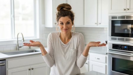 Young adult woman in kitchen shrugging with uncertainty and playfulness.の素材