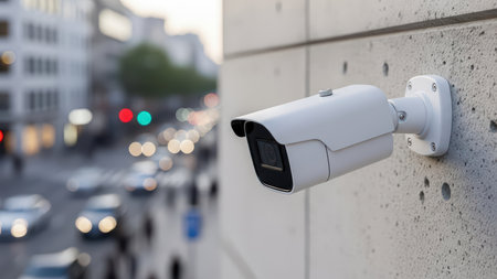 Street surveillance with security camera on urban building wall.の素材