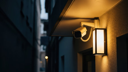 Security camera and wall lamp on urban building exterior at night.の素材