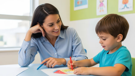 Female teacher assisting caucasian child with art project in classroom.の素材