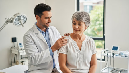 Caucasian male doctor examines mature female patient in medical office setting.の素材
