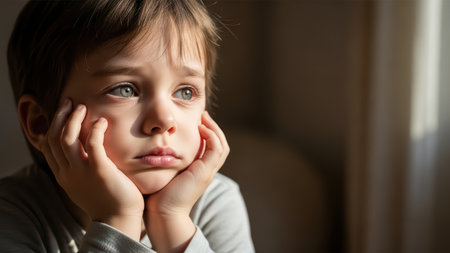 Pensive young boy gazing by window in thoughtful contemplation.の素材