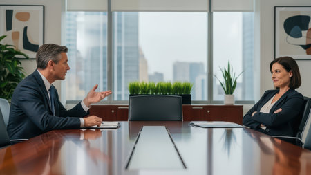 Confident business discussion between male and female adults in a modern office setting.の素材