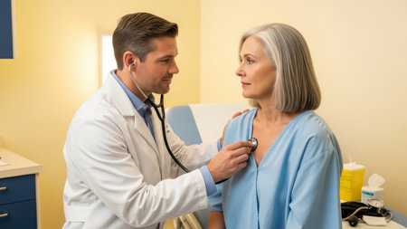 Male doctor examining mature caucasian female patient in medical office.の素材