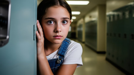Worried young girl in school hallway near lockers.の素材