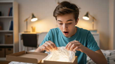 Young teen boy in awe unboxes mysterious glowing gift in bedroom.の素材