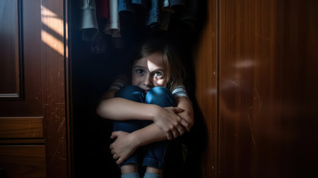 Young girl sitting in closet anxiously hugging knees in dark room.の素材