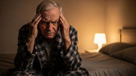 Elderly man in plaid robe sitting on bed with headache in dimly lit room.の素材