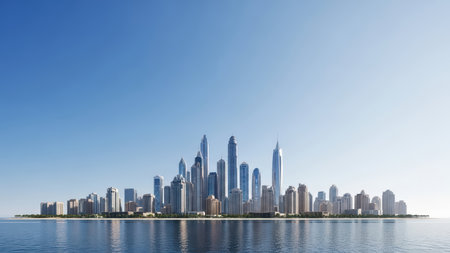 Modern skyline of dubai with skyscrapers reflecting on calm water under clear blue sky.の素材
