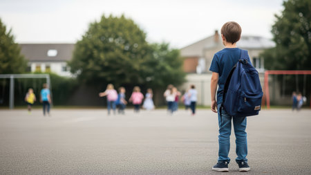 Young boy observing playground from afar with pensive expression.の素材
