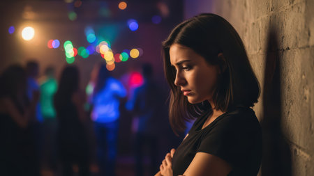 Young woman feeling lonely at a party in dimly lit room with colorful lights.の素材
