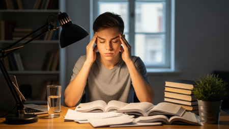 Young caucasian male student studying at night, feeling stressed and overwhelmed.の素材