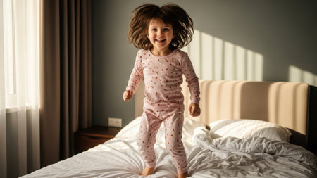 Joyful young girl jumping on bed in sunlit room.の素材