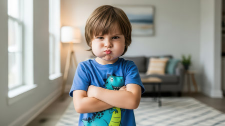 Pouting young boy with crossed arms in living room displaying defiant expression.の素材