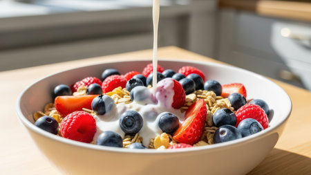 Healthy breakfast bowl with fresh berries, granola, and milk in sunlit kitchenの素材