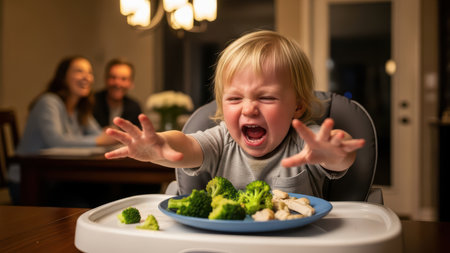 Child refusing vegetables with frustration in dining room.の素材