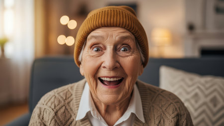Elderly woman expresses joyful surprise with wide smile, wearing a warm hat indoors.の素材