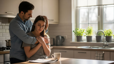 Caucasian couple comforting each other in kitchen: emotional support and connection.の素材