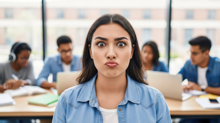 Confused young female with friends studying in background at classroom desk.の素材