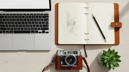 Workspace with laptop, notebook, vintage camera, pencil, and succulent on wooden desk.の素材