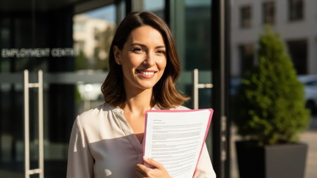 Young caucasian female professional smiling outside employment center holding documents.の素材