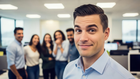Confident young male in office with smiling colleagues in background.の素材