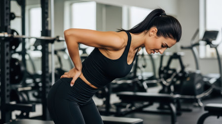 Young caucasian female experiencing back pain in gym setting.の素材