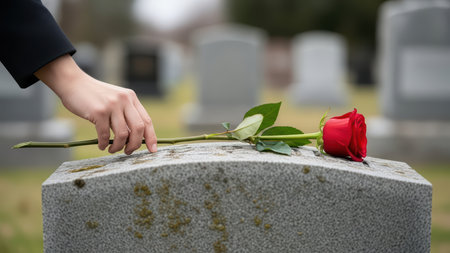 Female mourner places rose on gravestone in cemetery expressing grief and loss.の素材