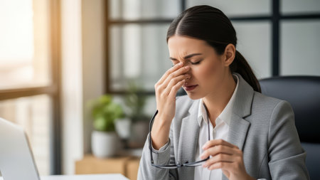 Stressed young caucasian female in office pinching nose near laptop.の素材