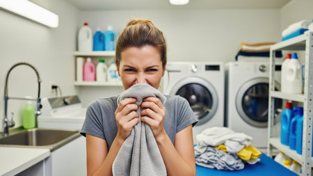 Young woman reacts to smelly laundry in laundry room with washing machines.の素材