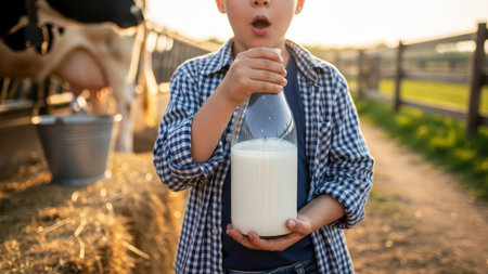 Child holding fresh milk bottle on farm with sunlit pasture backgroundの素材